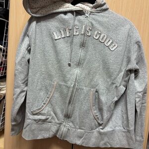 Life is Good- Heather grey w/ stitched letters with same print as inside hood.